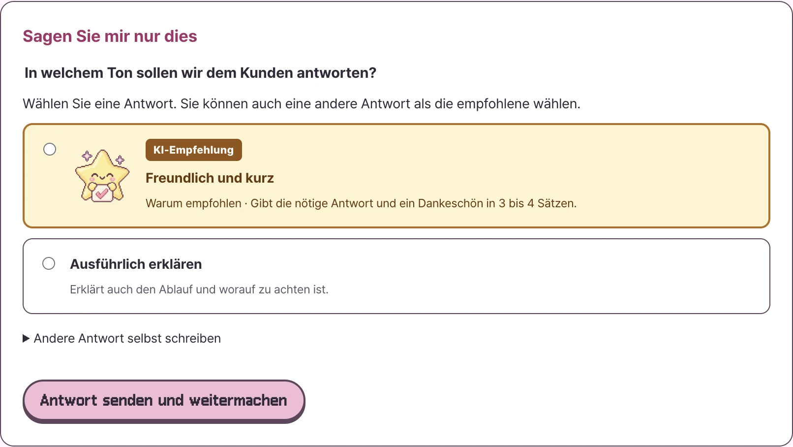 Die Entscheidungskarte in der echten Mac-App 0.4.0. Titel und Schaltflächen der Karte erscheinen in der gewählten Sprache.