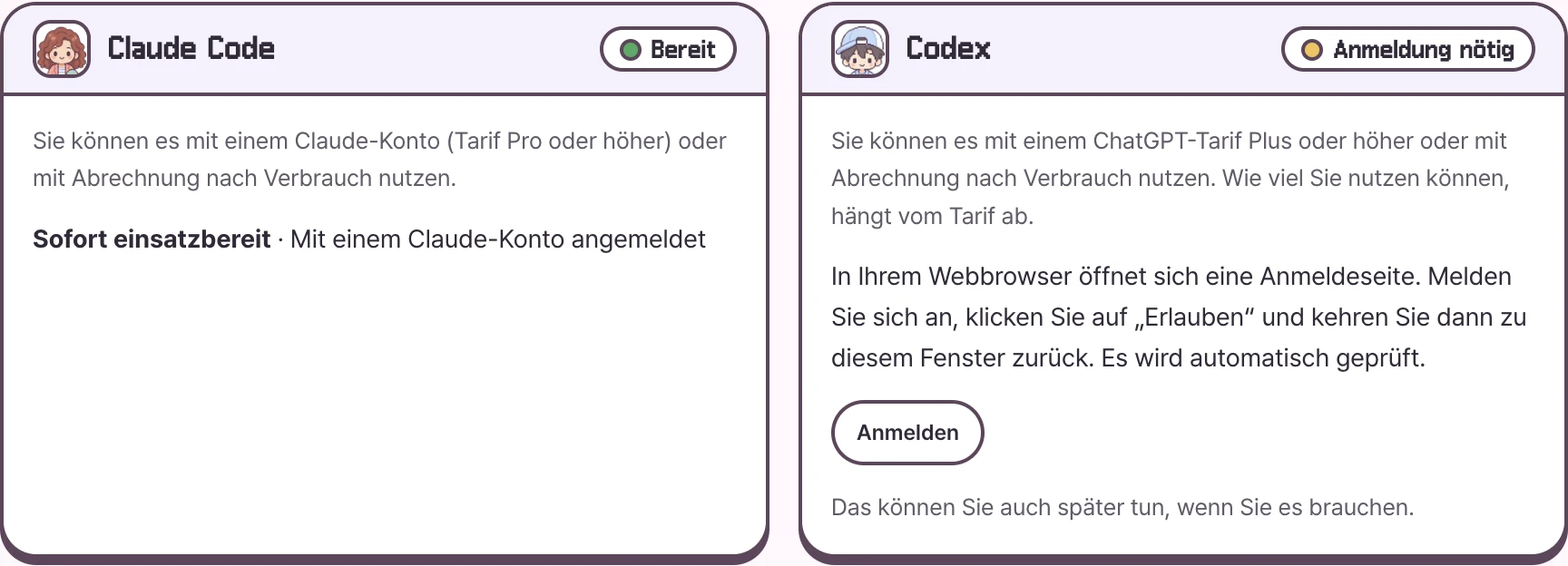 Ein Beispiel für die Hilfe zur KI-Verbindung in Mac 0.4.0. Claude Code ist bereit, und Codex braucht eine Anmeldung.