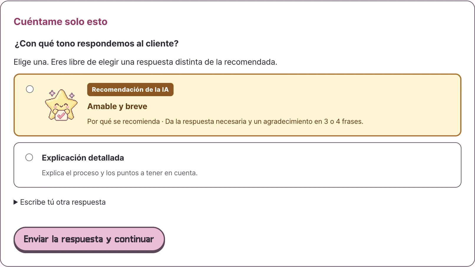 La tarjeta de decisión en la app real de Mac 0.4.0. El título y los botones de la tarjeta aparecen en el idioma que elegiste.