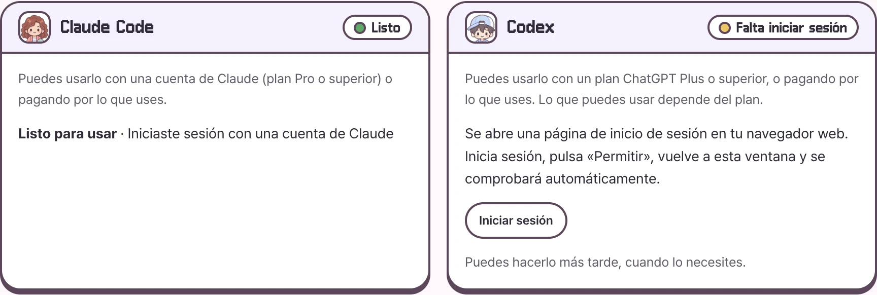 Un ejemplo de la guía de conexión con la IA en Mac 0.4.0. Claude Code está listo y Codex necesita iniciar sesión.