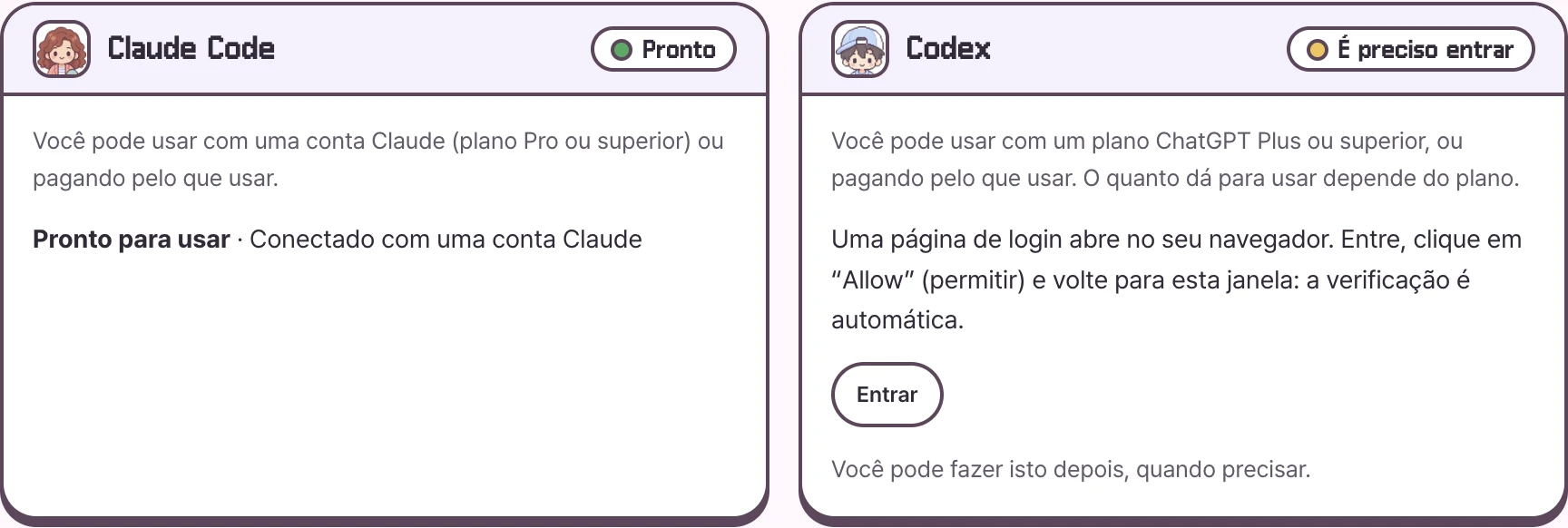 Exemplo do guia de conexão com a IA no Mac 0.4.0. O Claude Code está pronto e o Codex precisa de login.